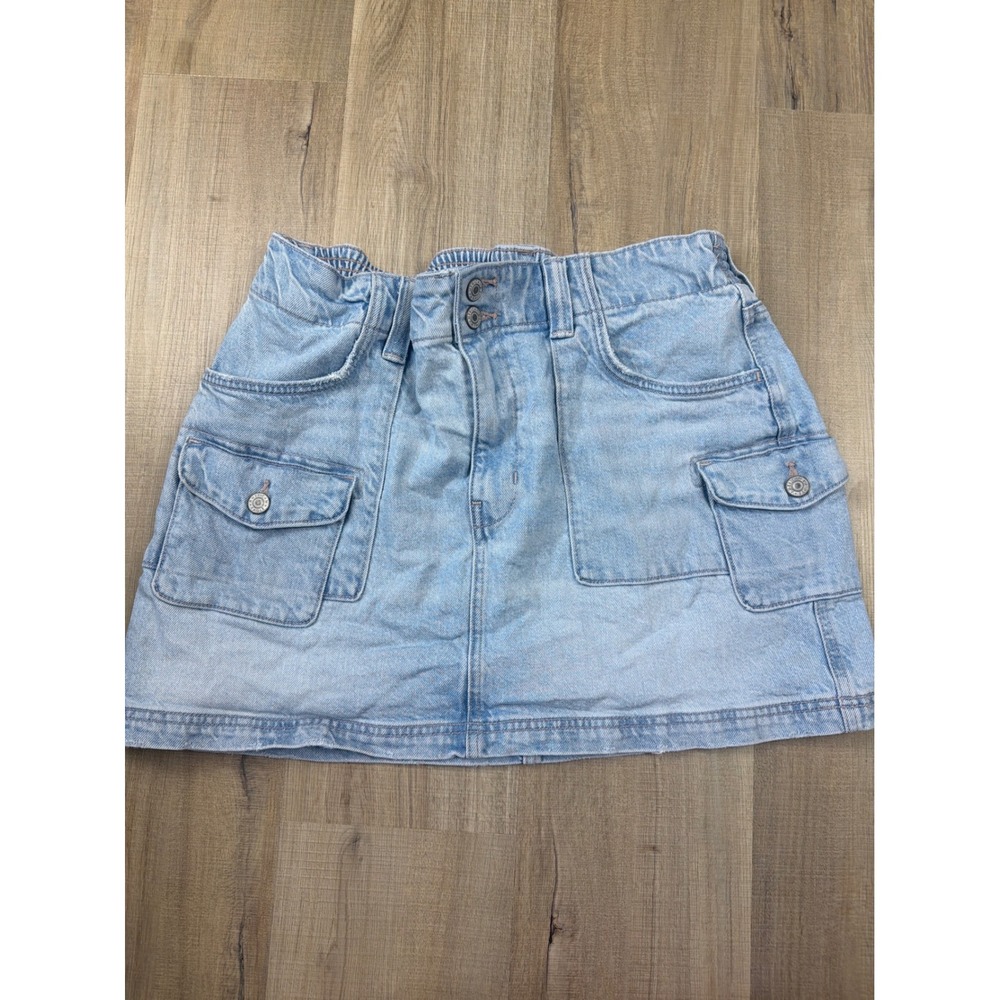 American Eagle Low Rise A-Line Mini Denim Cargo Skirt Light Wash Womens‎ 14 Long